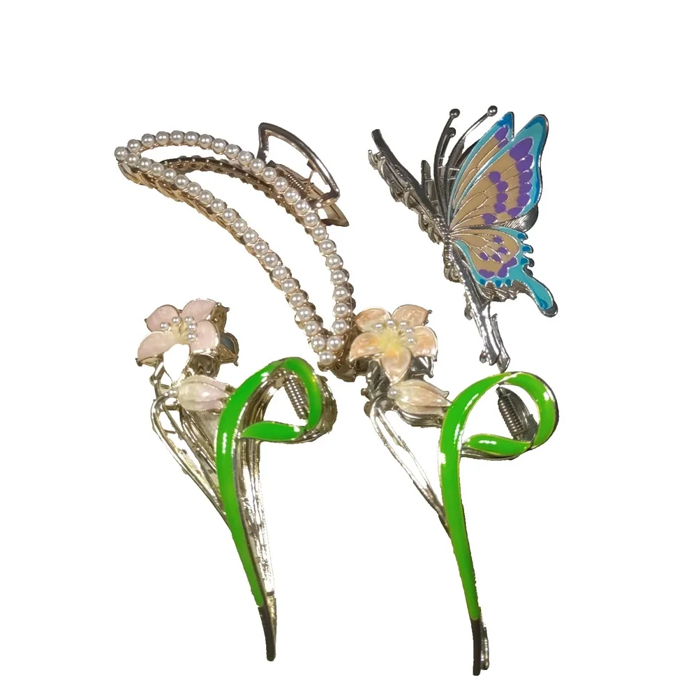 Lot Of 4 Hair Barrettes Tension Clips Flowers Butterfly Fancy Pearls
